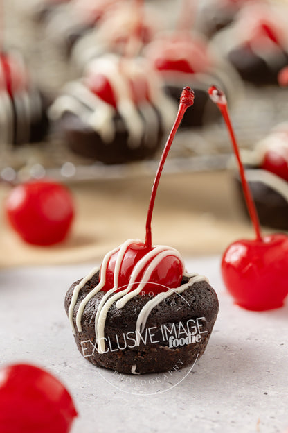 2 bite cherry brownie with cherries around