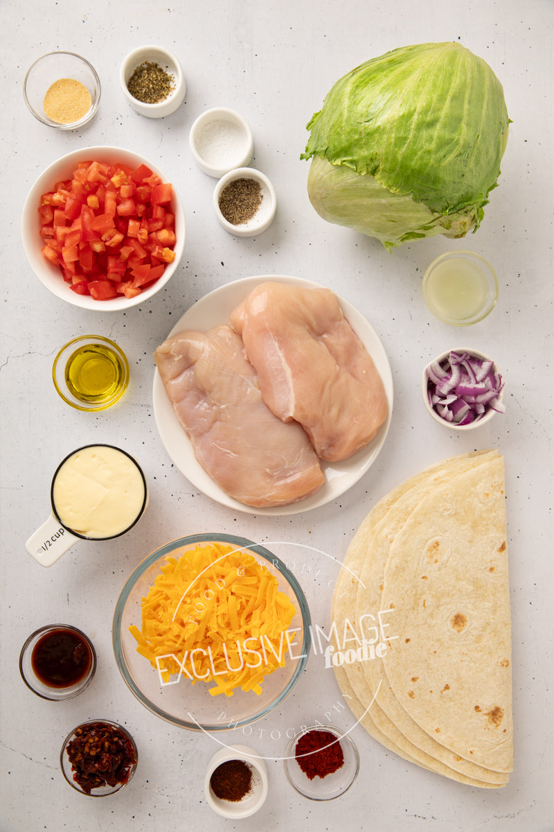 Grilled chicken wrap ingredients flat lay exclusive recipe photography