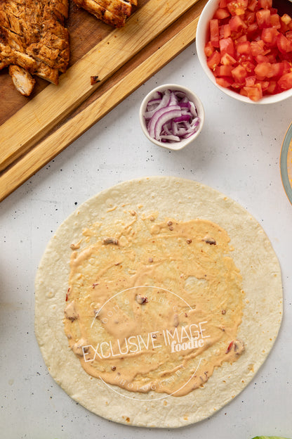 Grilled chicken wrap recipe assembly flat lay process photography food blog