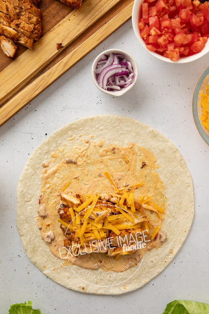 Grilled chicken wrap recipe assembly flat lay process photography food blog