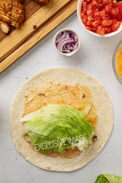 Grilled chicken wrap recipe assembly flat lay process photography food blog