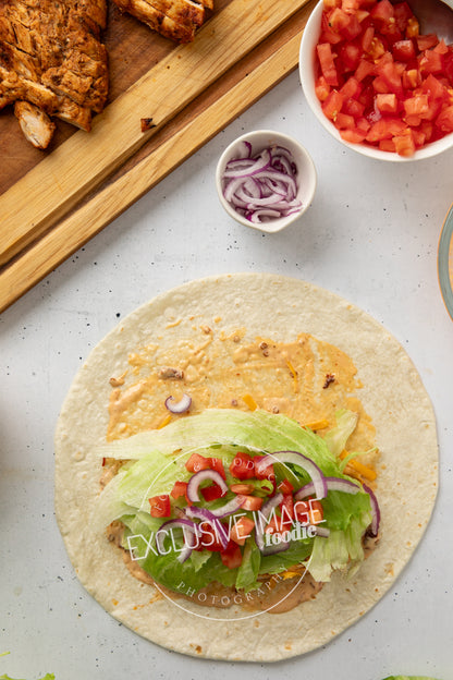 Grilled chicken wrap recipe assembly flat lay process photography food blog