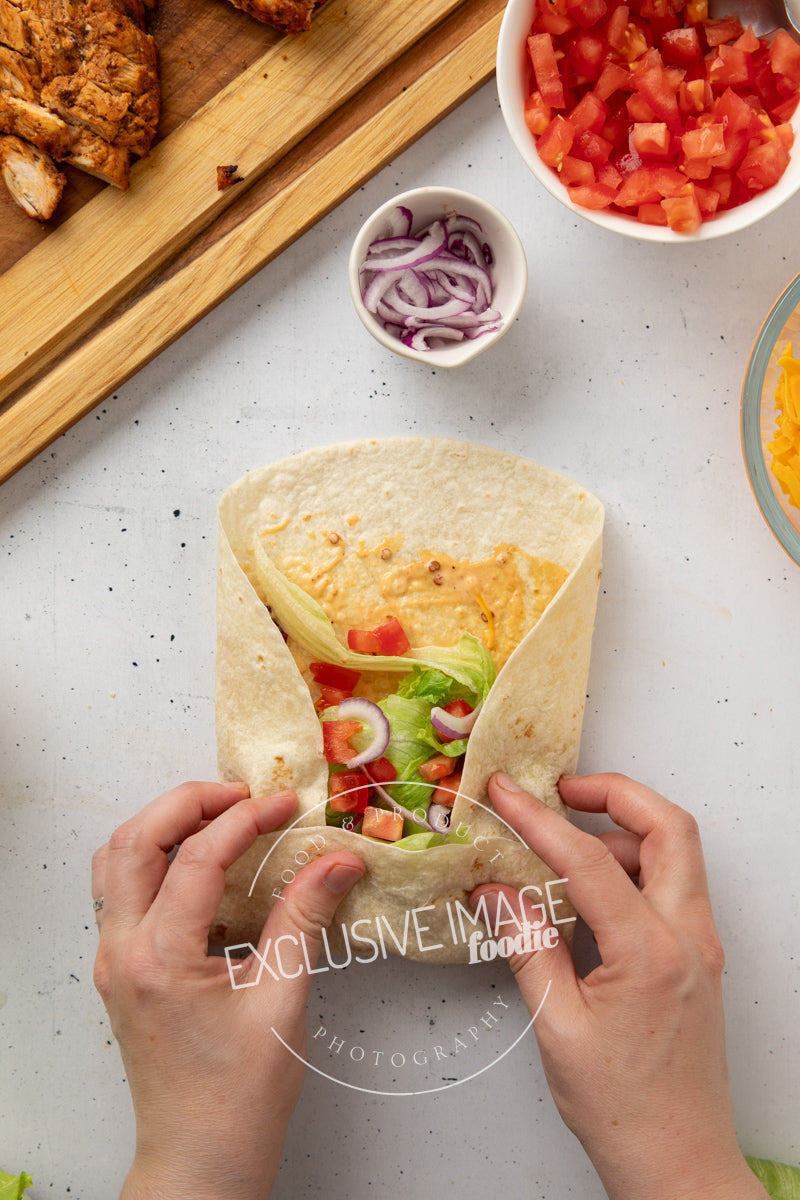 Grilled chicken wrap recipe assembly flat lay process photography food blog