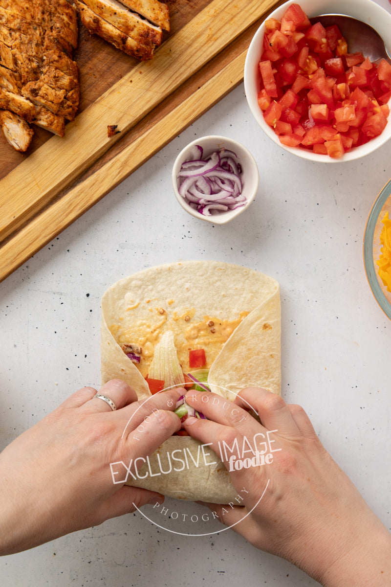 Grilled chicken wrap recipe assembly flat lay process photography food blog