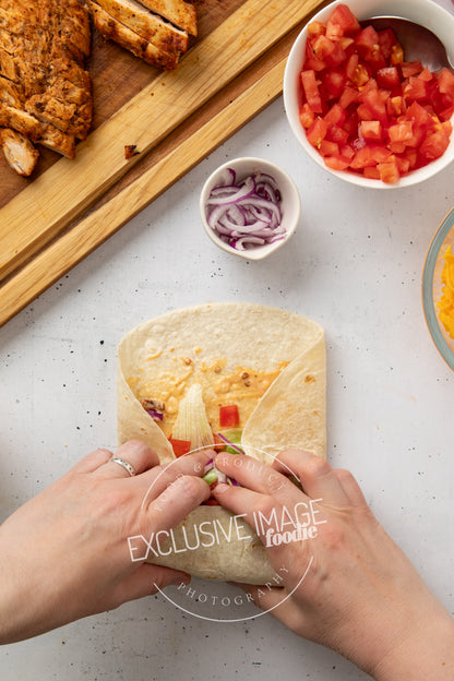 Grilled chicken wrap recipe assembly flat lay process photography food blog