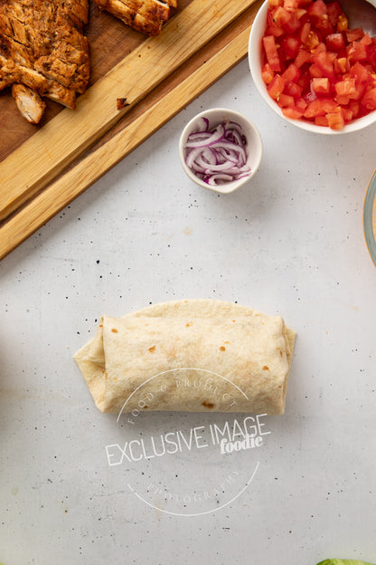 Grilled chicken wrap recipe assembly flat lay process photography food blog
