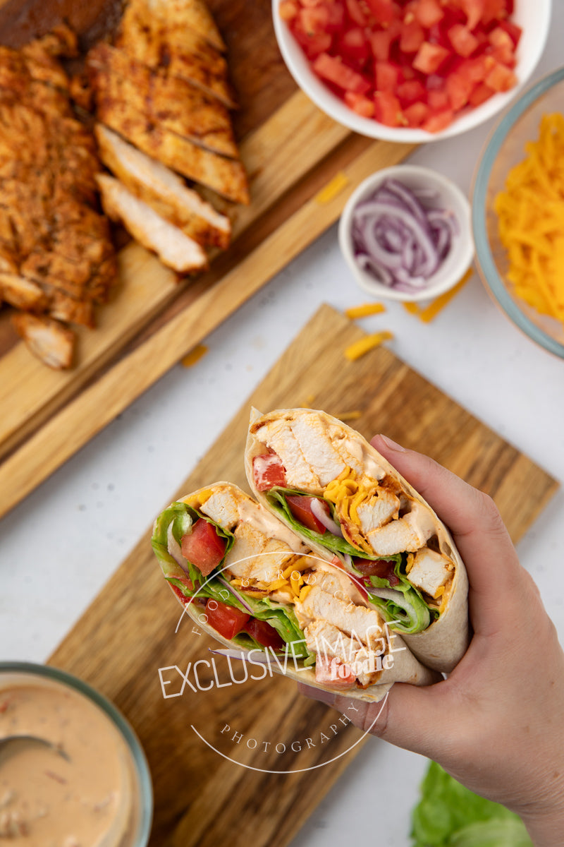 Grilled chicken wrap ingredients flat lay exclusive recipe photography