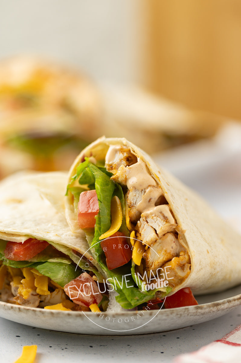 Grilled chicken wrap recipe close up photography for food bloggers