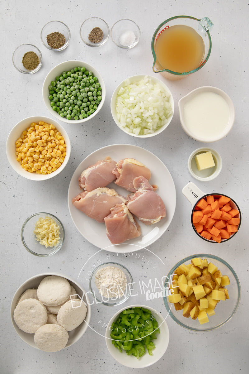 Instant pot chicken pot pie ingredients flat lay exclusive recipe photography
