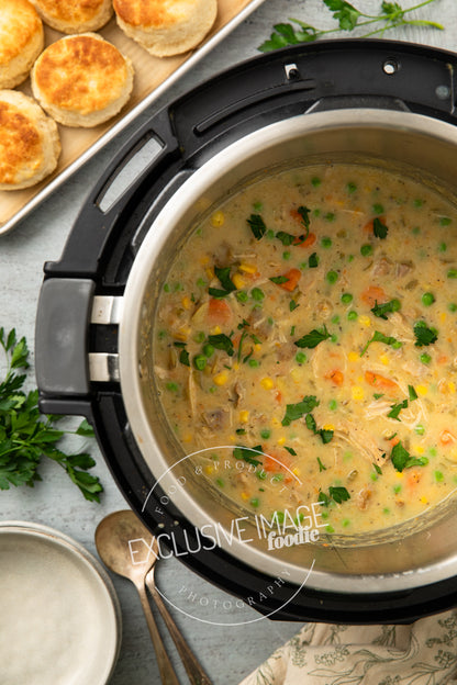 Instant pot chicken pot pie recipe flat lay hero exclusive recipe photography
