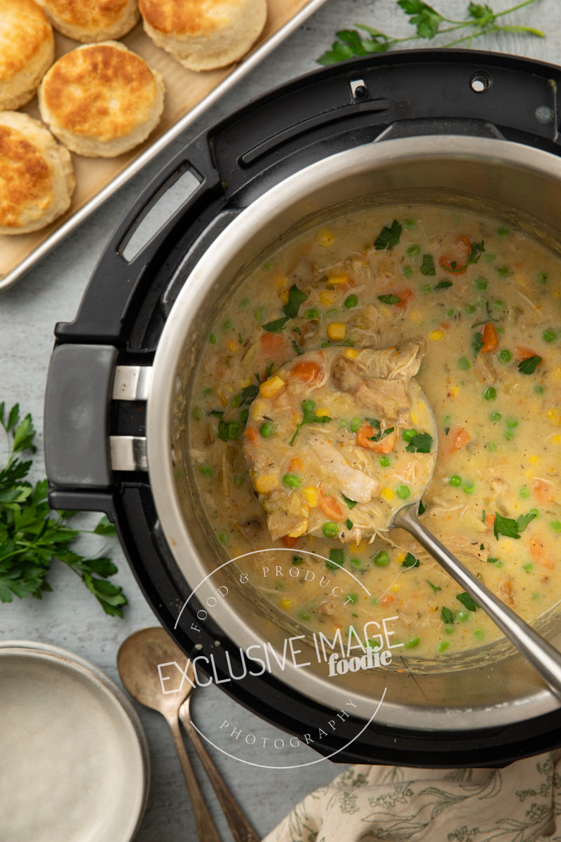 Instant pot chicken pot pie recipe flat lay hero exclusive recipe photography