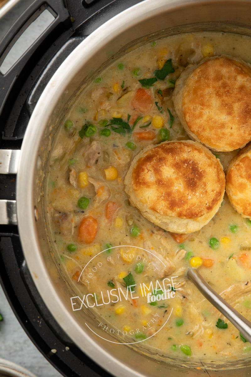 Instant pot chicken pot pie recipe flat lay hero exclusive recipe photography