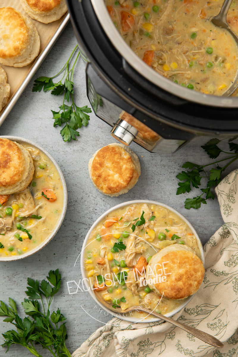 Instant pot chicken pot pie recipe flat lay hero exclusive recipe photography
