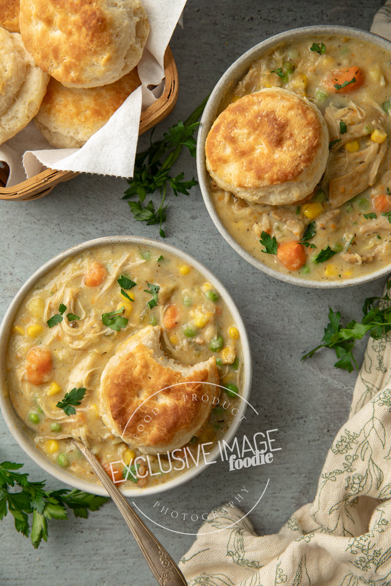 Instant pot chicken pot pie recipe flat lay hero exclusive recipe photography