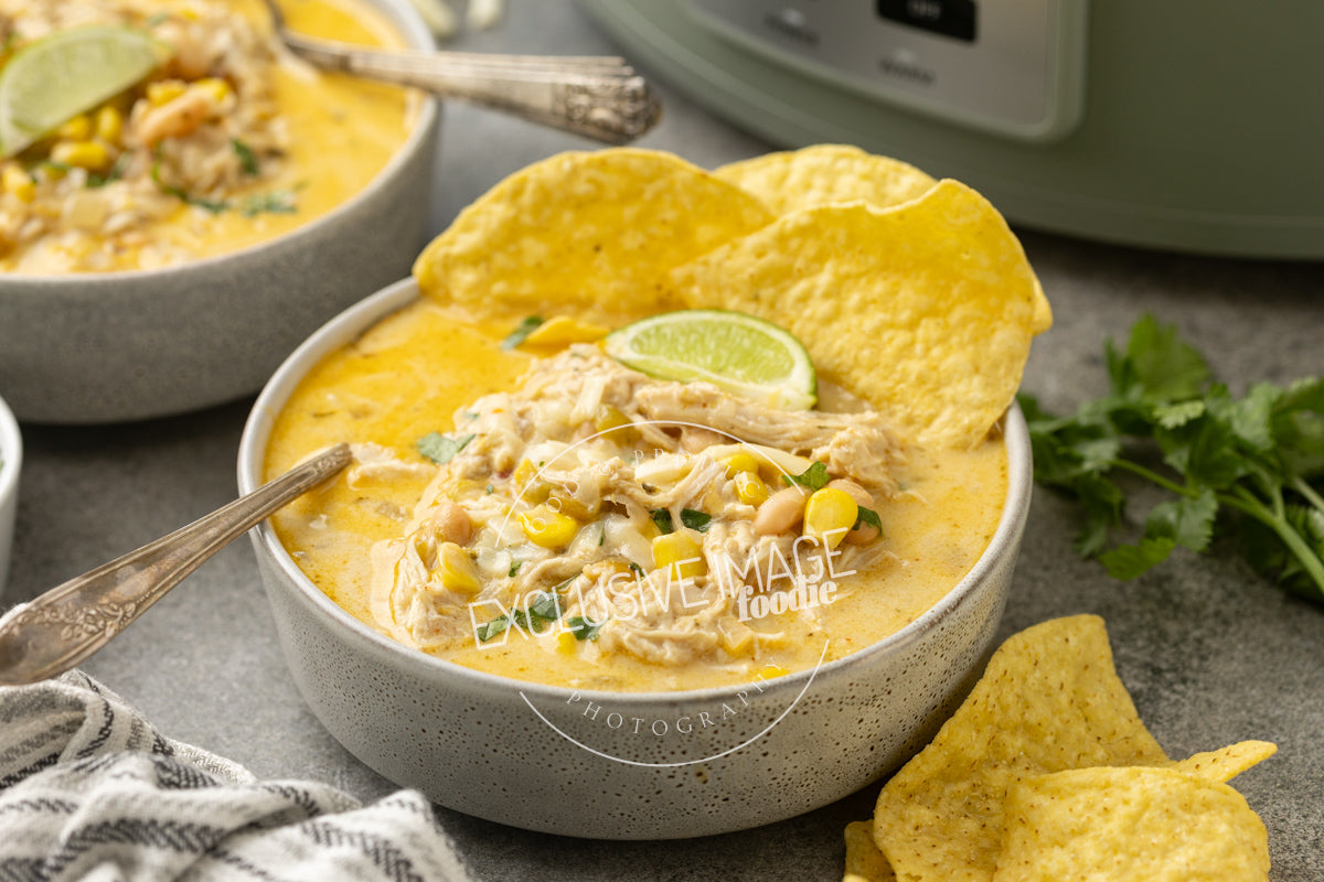 Loaded Queso Crockpot White Chicken Chili Recipe (exclusive)