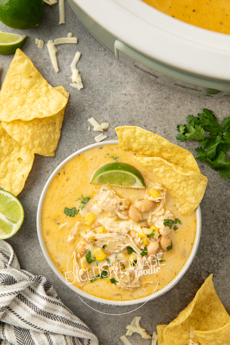 Loaded Queso Crockpot White Chicken Chili Recipe (exclusive)