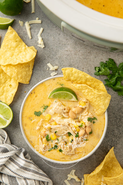 Loaded Queso Crockpot White Chicken Chili Recipe (exclusive)