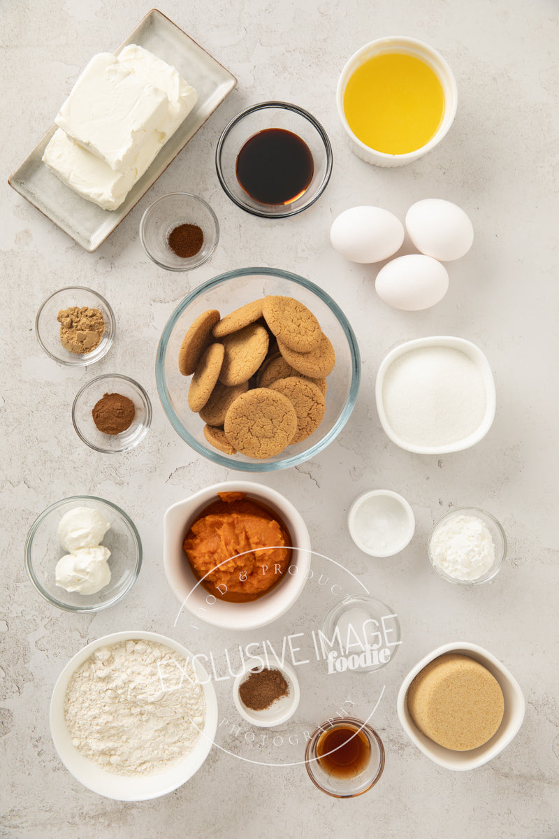 Pumpkin cheesecake bars recipe ingredients flat lay exclusive recipe photography
