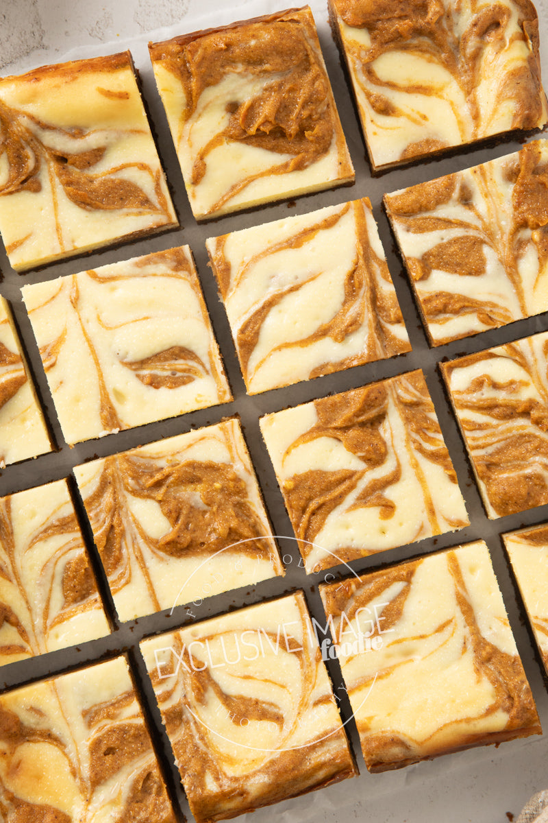 Pumpkin cheesecake bars recipe flat lay hero exclusive recipe photography