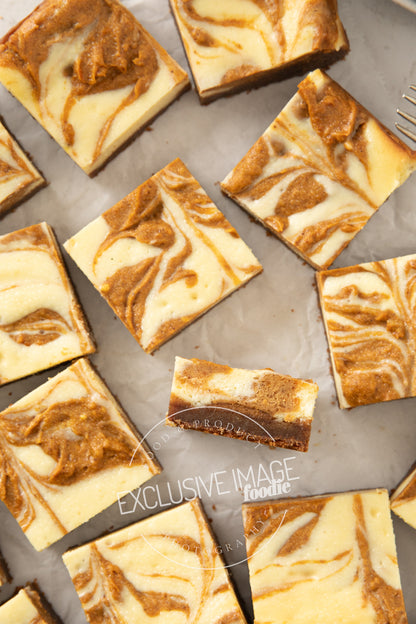 Pumpkin cheesecake bars recipe flat lay hero exclusive recipe photography
