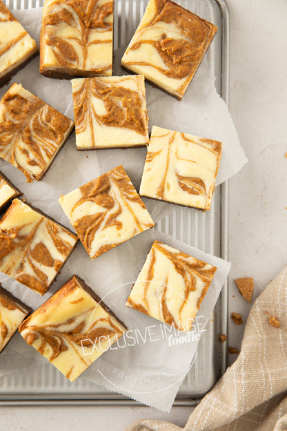 Pumpkin cheesecake bars recipe flat lay hero exclusive recipe photography
