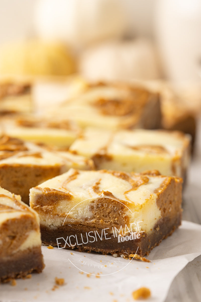 Pumpkin cheesecake bars recipe hero shot exclusive food photography package

