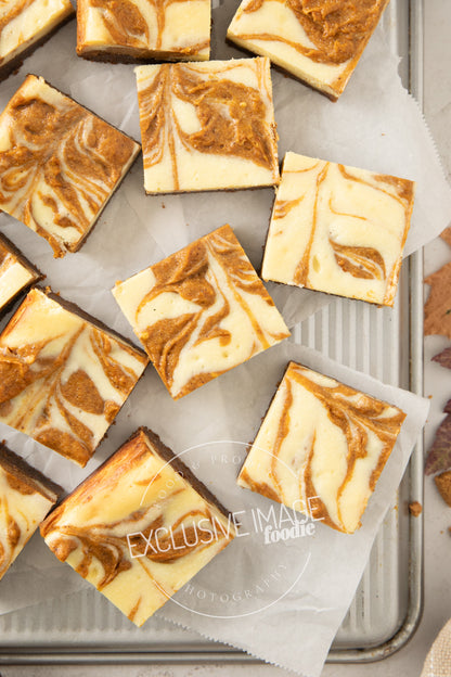 Pumpkin cheesecake bars recipe flat lay hero exclusive recipe photography
