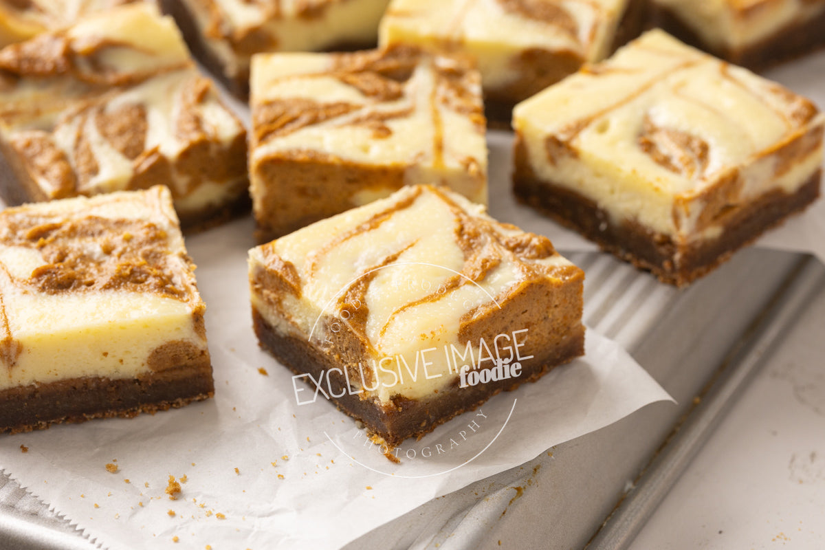 Pumpkin cheesecake bars recipe hero shot exclusive food photography package

