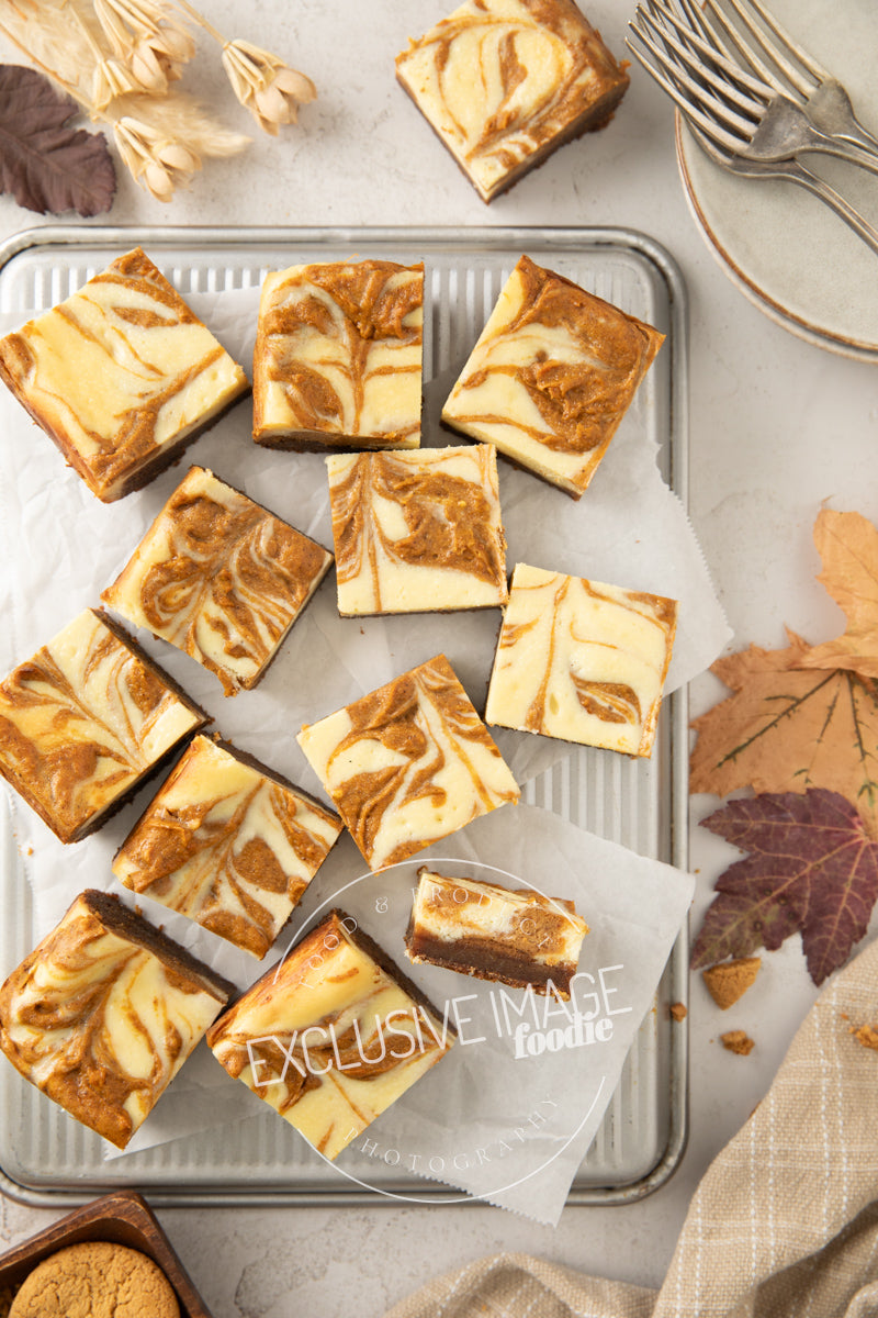 Pumpkin cheesecake bars recipe flat lay hero exclusive recipe photography
